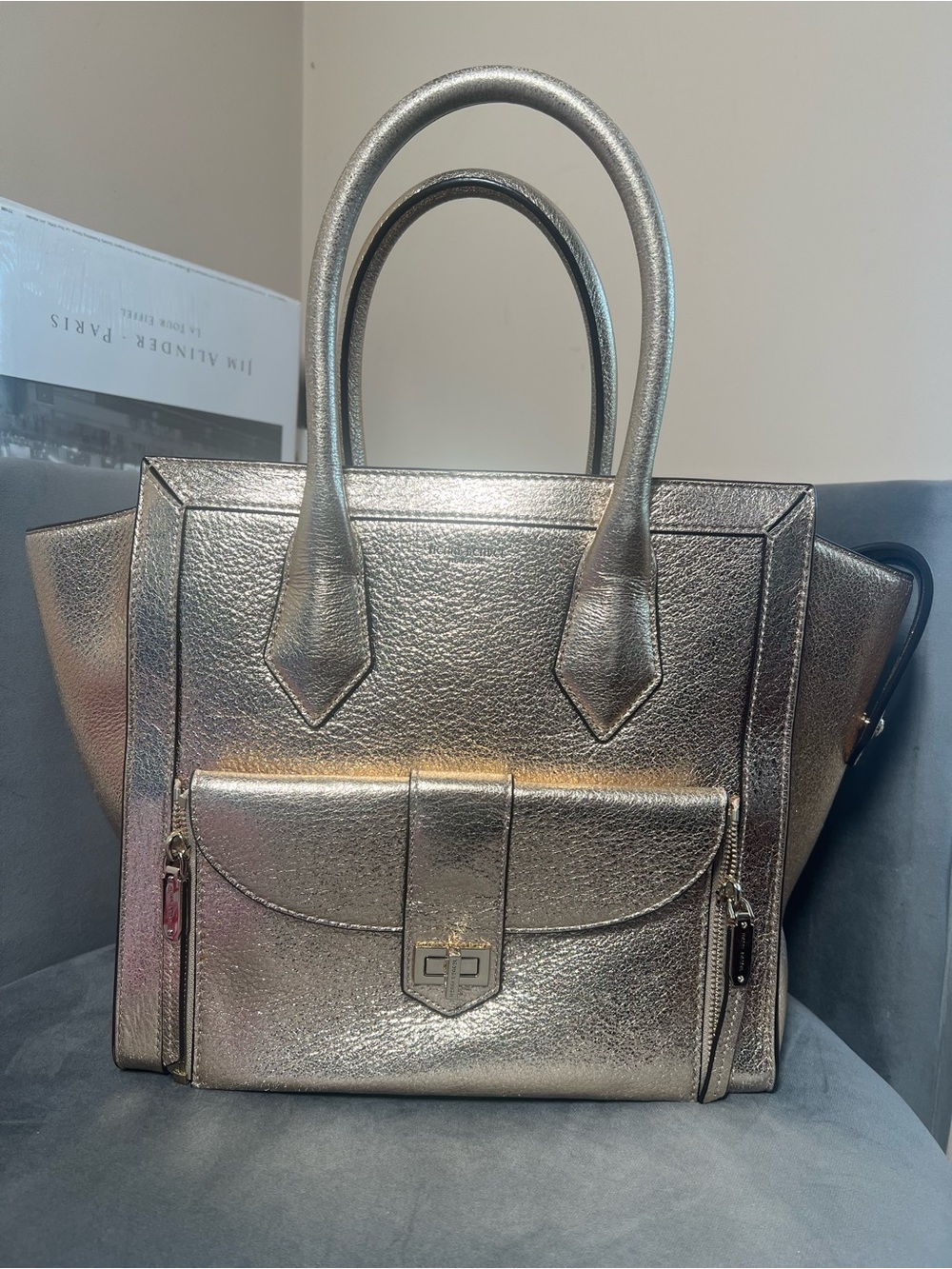 henri bendel Metallic Silver Structured Tote with Front Pocket
